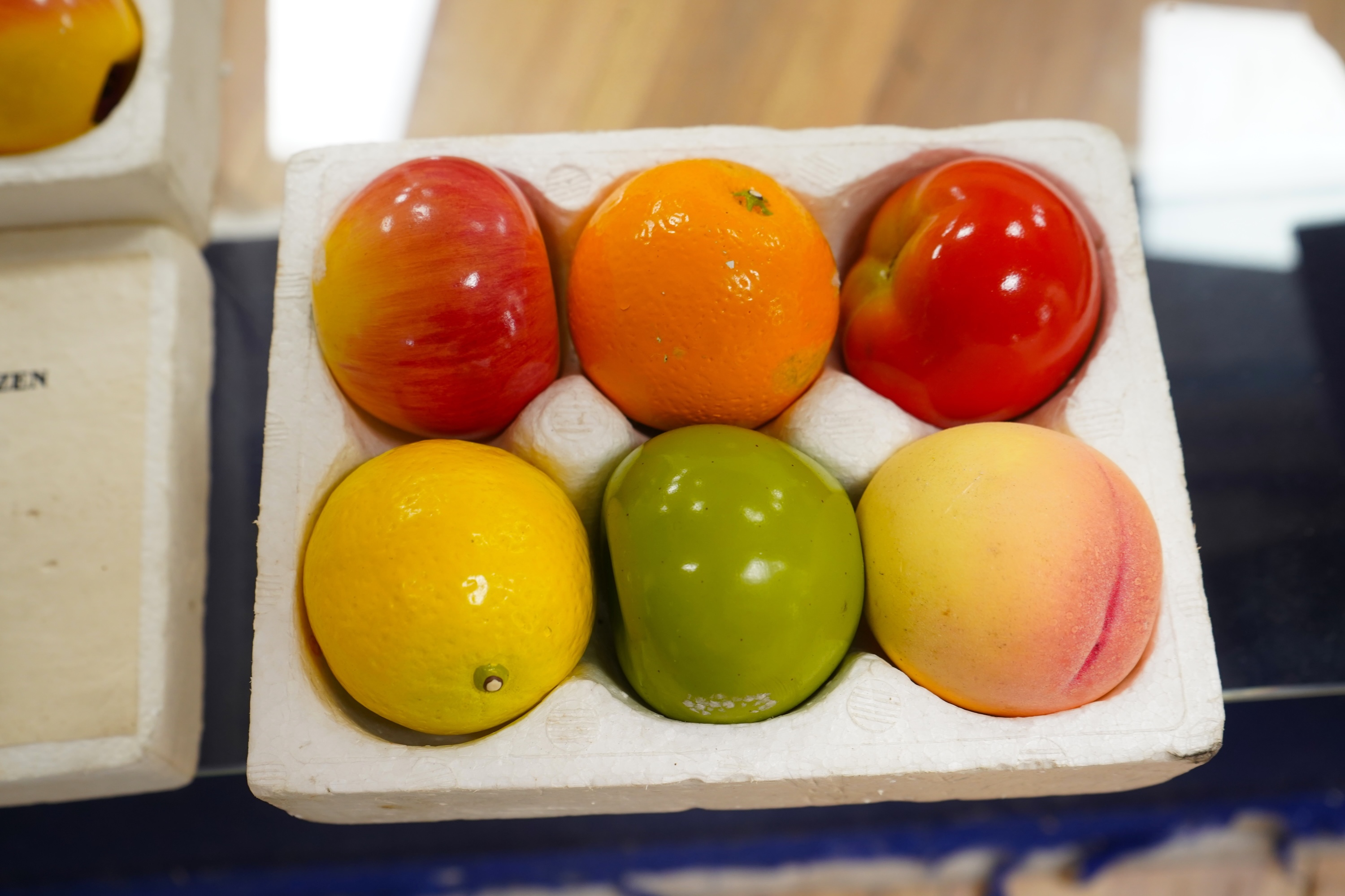 Two boxed sets of novelty Chinese Penguin Brand pencil sharpeners in the form of fruit